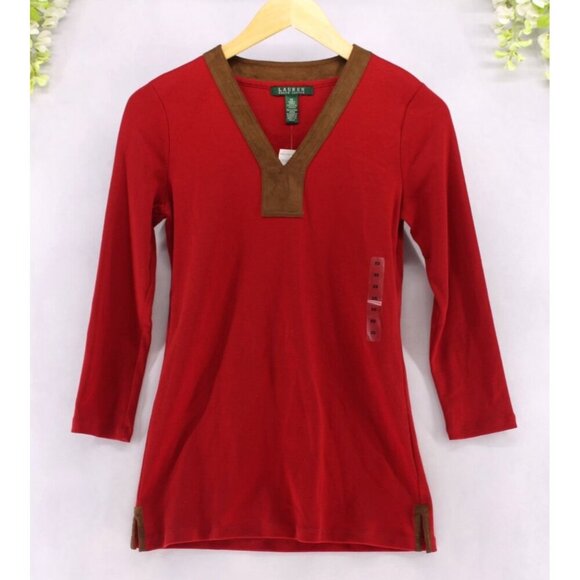Lauren Ralph Lauren Women's Pullover with Faux Suede Trim Red Sz XS NEW - Picture 1 of 8
